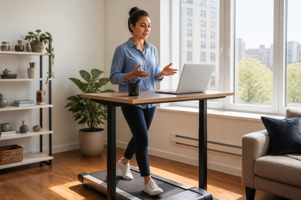 Professional on a video call, walking on a compact treadmill desk in a bright apartment, appearing focused and engaged with natural lighting from windows
