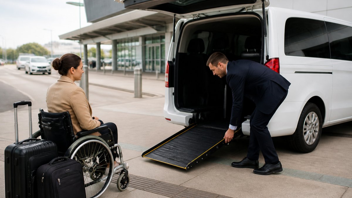 A chauffeur in a dark suit lowering a folded ramp from a clean white accessible van at an airport kerb, a person in a manual wheelchair waiting beside two suitcases, early morning light