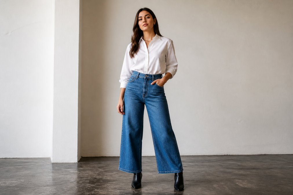 Woman wearing high-waisted wide leg jeans with a fitted tucked-in white blouse and black ankle boots, standing confidently with proper posture showing a balanced, elongated silhouette against a neutral background