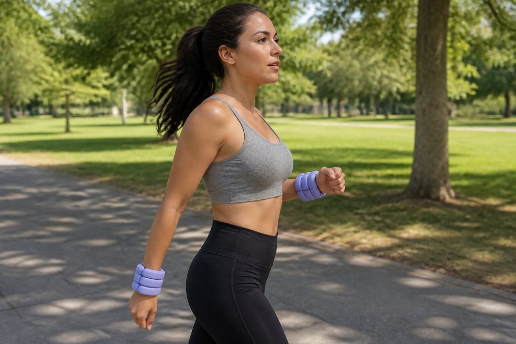 Person performing a brisk walk or light jog wearing adjustable weighted wrist bands on both arms, captured from the side profile to show arm motion mechanics and forward posture, with natural outdoor lighting highlighting the arm motion