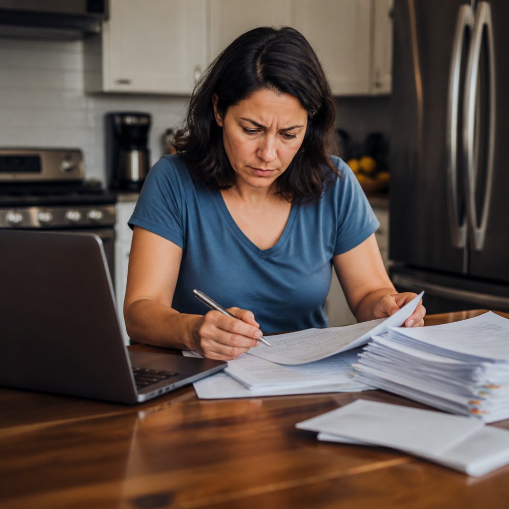 A homeowner sitting at a kitchen table with a pen in hand, reviewing a stack of real estate contracts and a laptop open to a legal document, looking focused and slightly overwhelmed