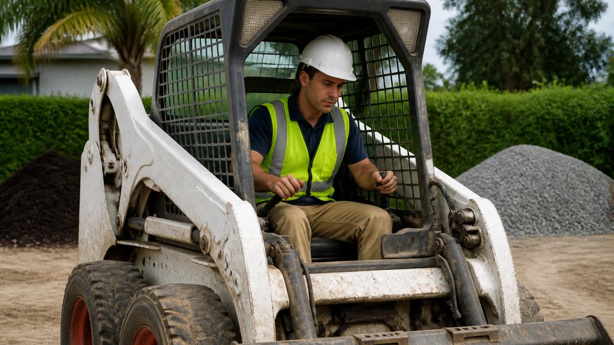 Mini loader operator seated in the cabin, hands on control levers, wearing high-visibility vest and hard hat, demonstrating proper operator position and control layout