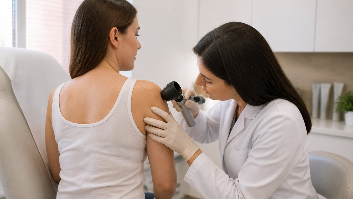 Dermatologist using a handheld dermatoscope to examine a patient’s skin in a bright, professional clinic setting.