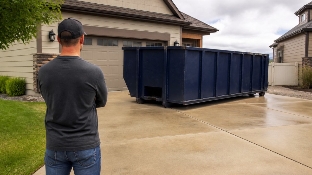 Infographic illustrating the residential dumpster permit process for proper roll-off container placement on private property.