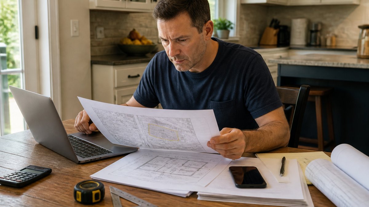A homeowner sitting at a kitchen table with a laptop, reviewing a printed property map and site plan documents, with a phone nearby for calling the local building department