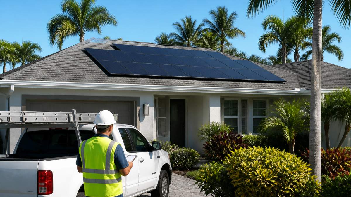 Building inspector parked at a home during the residential solar permit process in Florida with rooftop panels