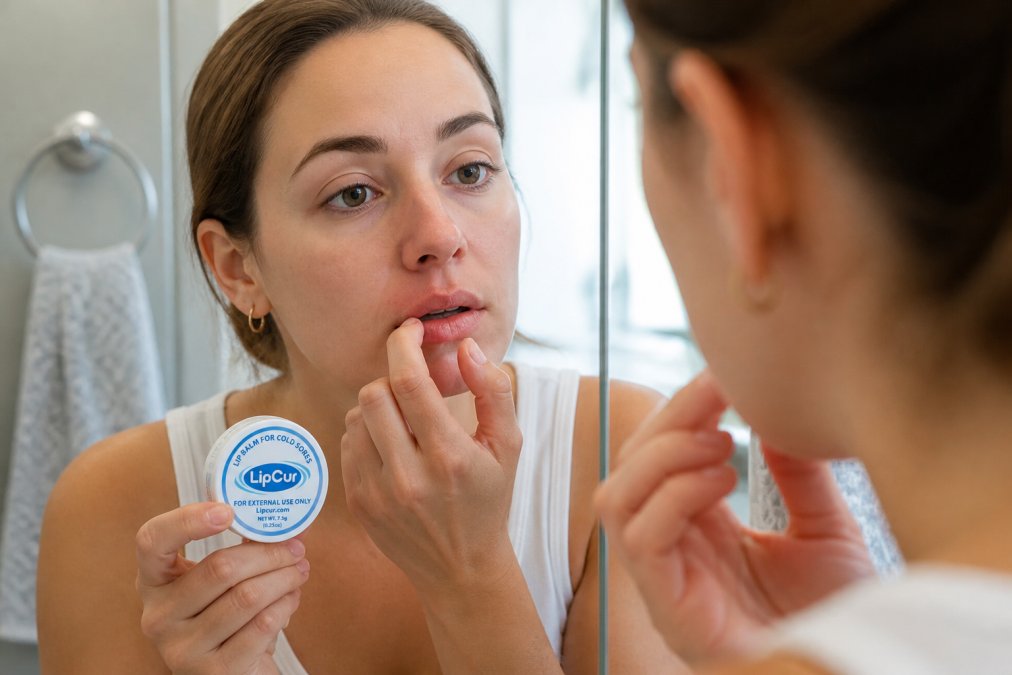 Close-up of a person applying topical cold sore cream to their lip in a bathroom mirror, showing early redness and the initial tingling stage with natural morning lighting