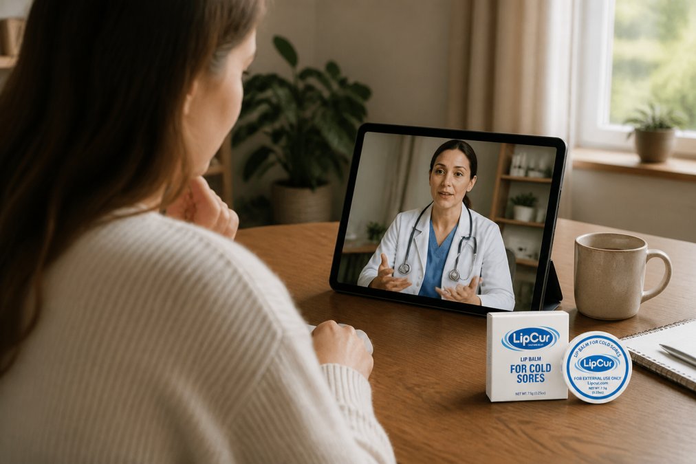 Healthcare professional consulting with a patient via telehealth on a tablet in a home office setting, discussing cold sore symptoms and treatment options with natural window lighting