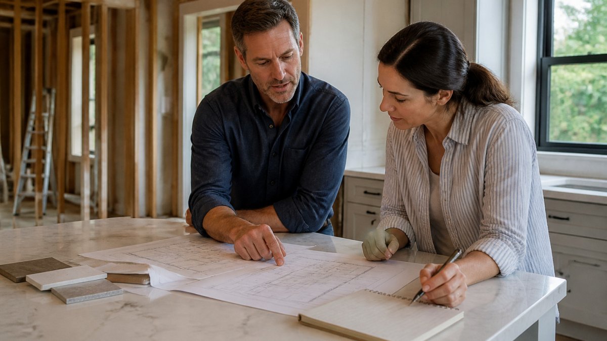 Homeowner and architect reviewing floor plans for an architect kitchen remodel in a renovated home