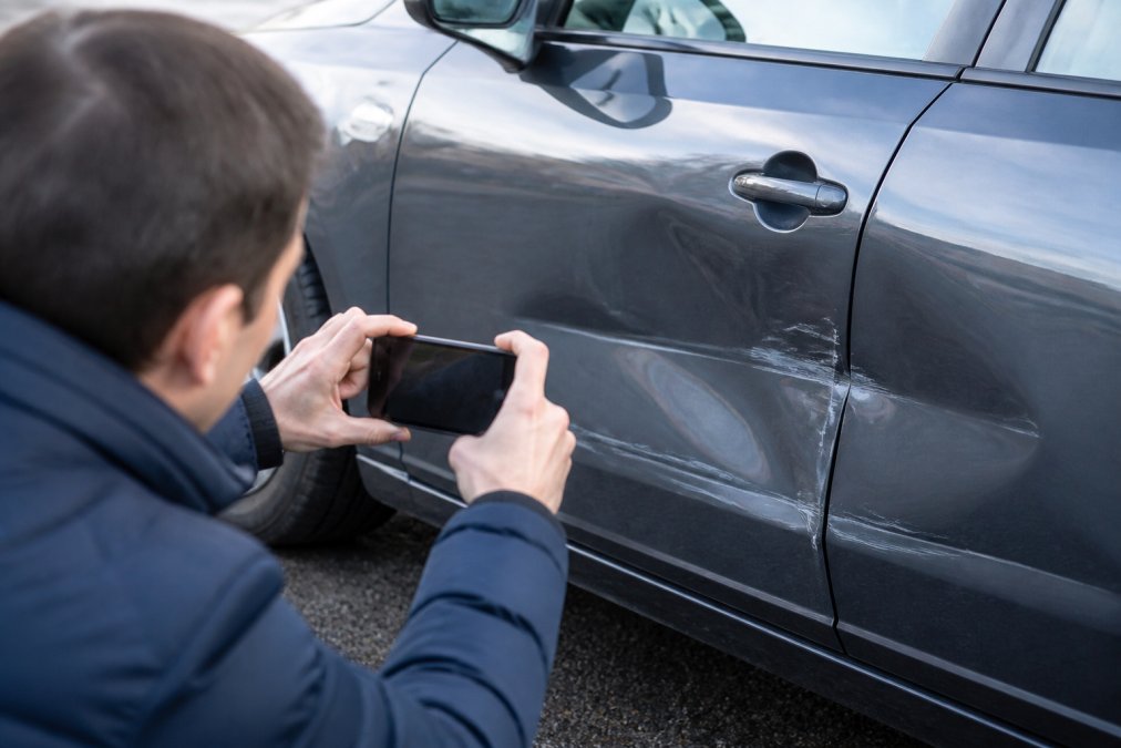 Person photographing vehicle damage at accident scene with smartphone, showing close-up of scratches and dents on car door under daylight