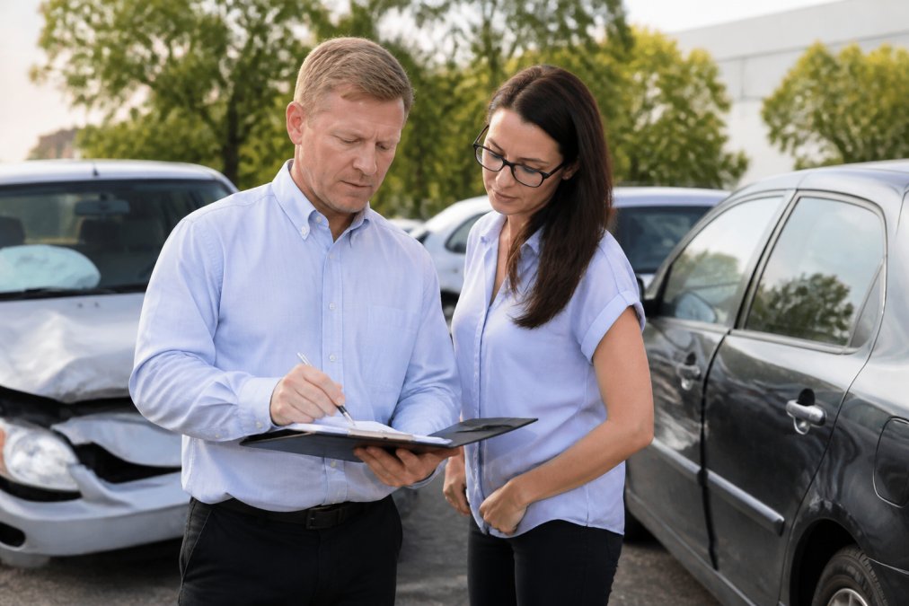 Insurance adjuster and accident victim reviewing claim paperwork and vehicle damage assessment at accident scene with professional documentation