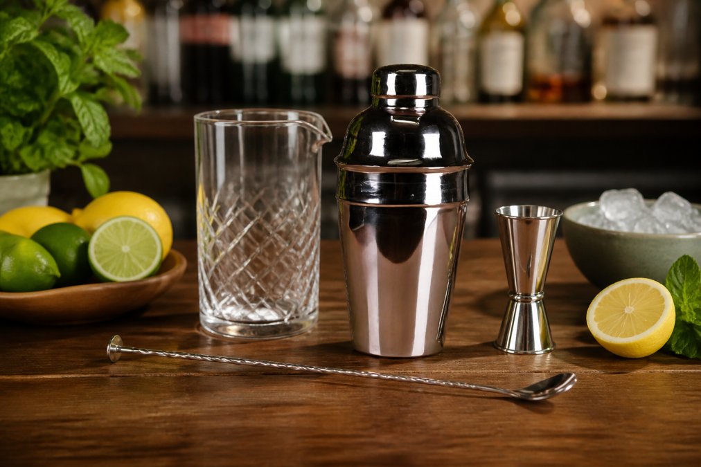 Home bar setup with cocktail shaker, jigger, mixing glass, and bar spoon arranged neatly on a wooden counter with fresh citrus and ice nearby