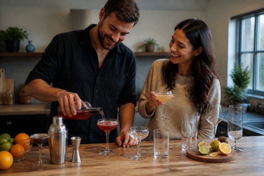 A selection of premium cocktail glasses arranged on a wooden table with a pre-mixed cocktail bottle and fresh citrus garnish nearby, warm natural lighting