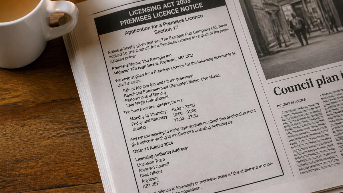 Flowchart detailing the essential steps for drafting a public notice for a premises licence application.