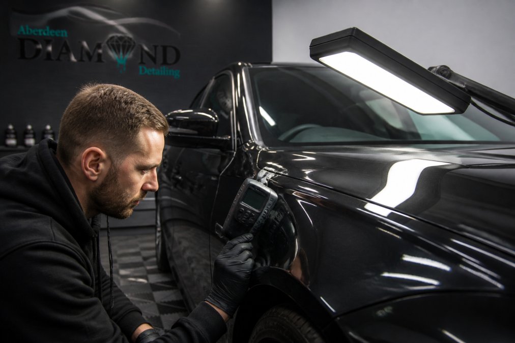Professional detailer using an LED lamp and paint depth gauge for expert paint correction in a clean studio.