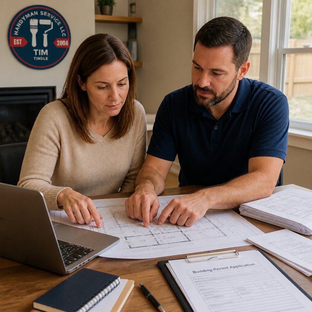 Homeowner and licensed contractor reviewing detailed building plans and permit application documents at a table with laptop, printed blueprints, and permit forms