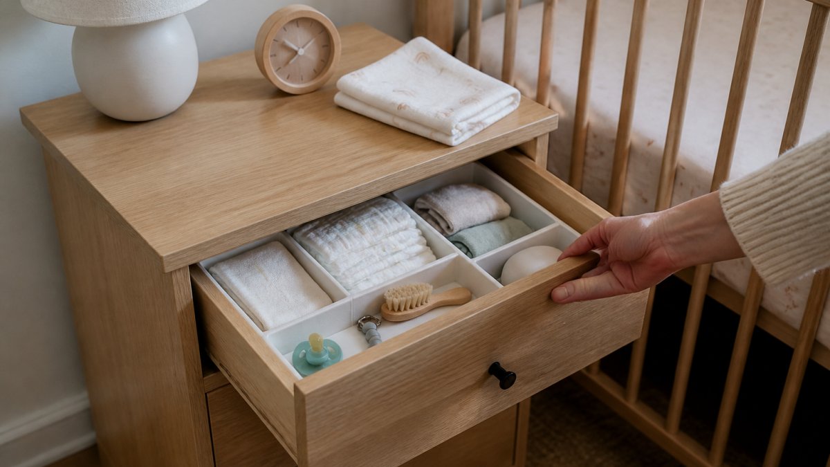 Parent opening the drawer of a light-wood nightstand in a softly lit nursery with a lamp and clock on top