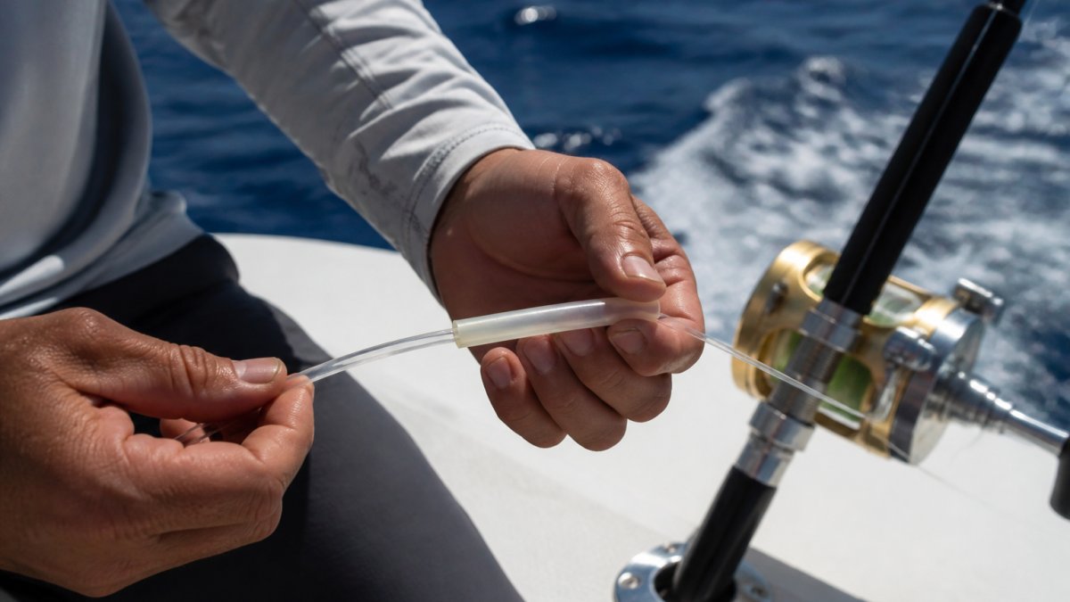 Angler sliding clear chafe tubing onto a monofilament line for leader protection on a boat deck