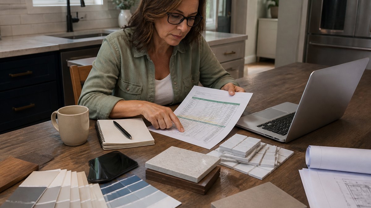 Homeowner reviewing a renovation budget with samples and project planning tools on a laptop at a kitchen table.