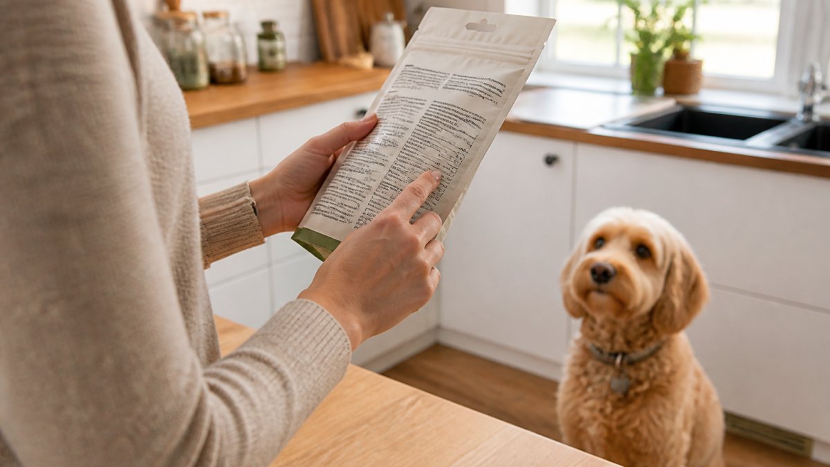 Close-up of a person's hands holding a dog treat bag and reading the ingredient label in a bright kitchen, with a dog waiting nearby