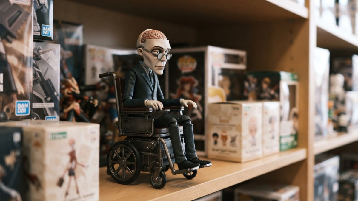Close-up photograph of a detailed Dr. Finkelstein collectible figure on a display shelf, showing his pale complexion, glasses, and wheelchair, with soft lighting that highlights the sculpted details
