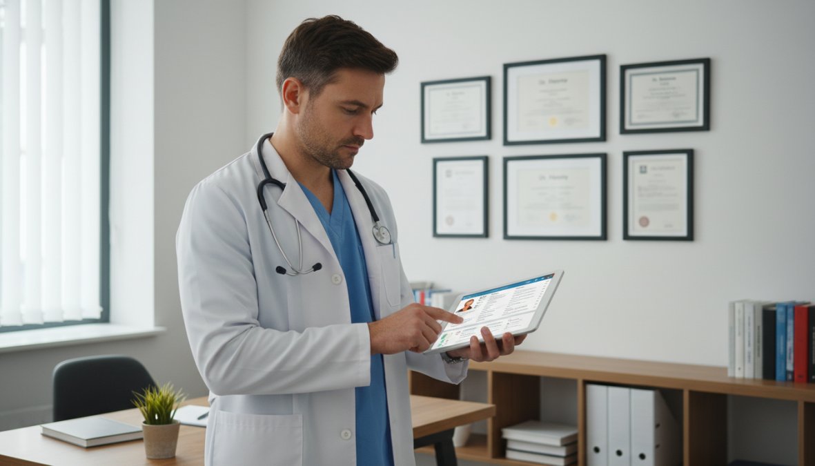 A physician reviewing a patient's digital health records on a tablet in a modern clinical office