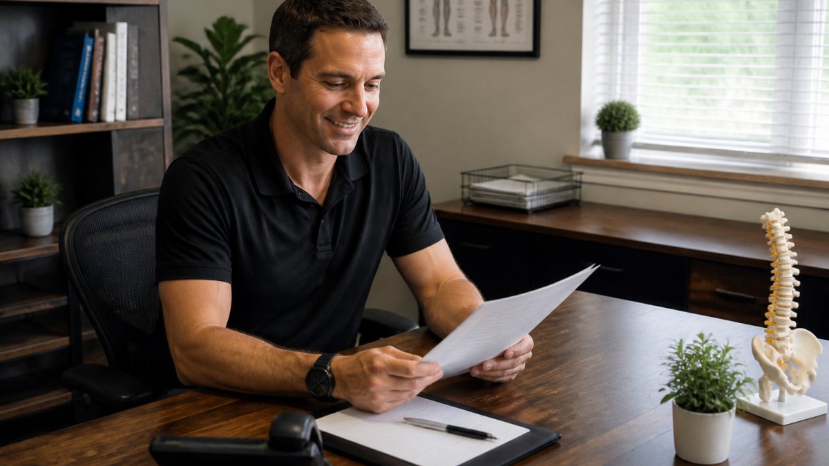 Chiropractor reviewing website services compared on a computer screen at a desk with a satisfied expression
