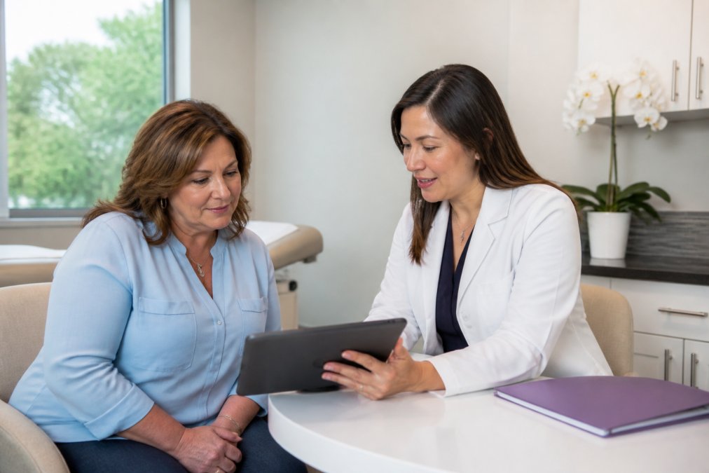 Board-certified female physician and middle-aged woman patient reviewing personalized weight loss plan and baseline health metrics on tablet in bright, modern medical office with comfortable consultation area