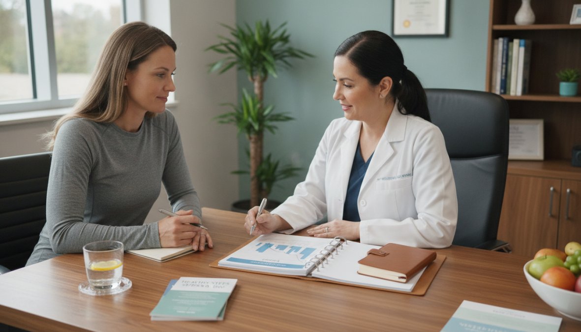 A patient consulting with a female physician in a modern medical clinic, reviewing weight loss progress charts and discussing personalized treatment options with a tablet showing body composition analysis