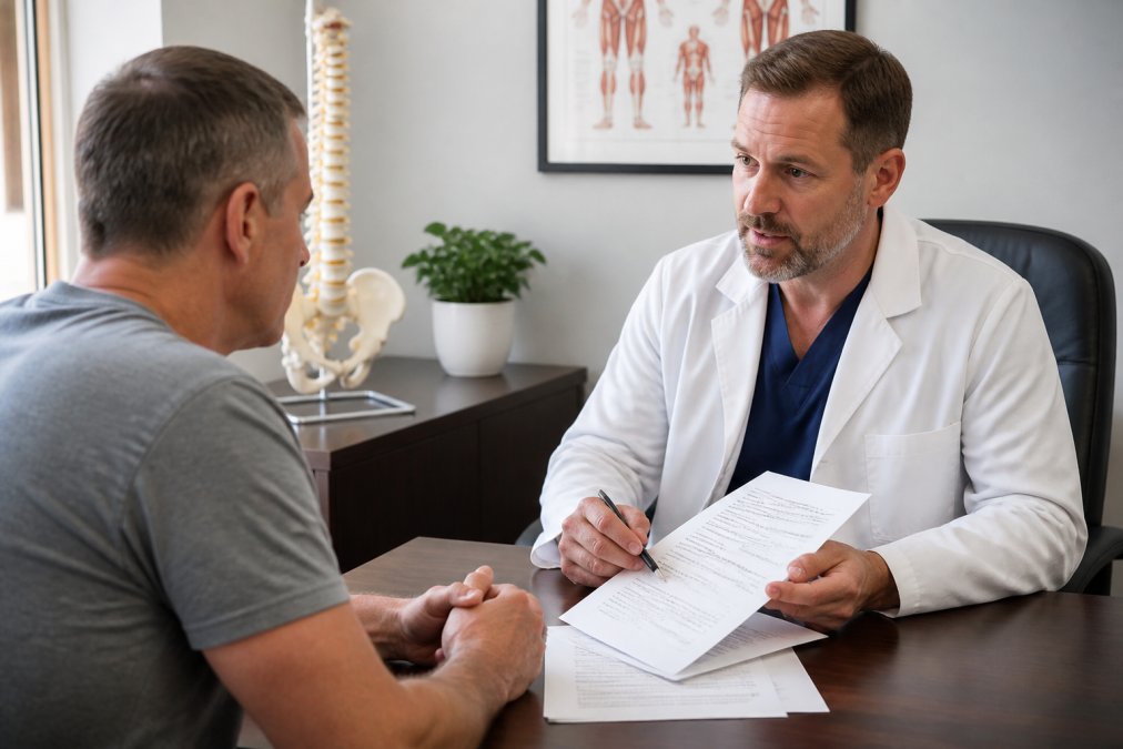 A patient sitting across from a physician at a desk, reviewing printed medical documents together in a well-lit clinic room, both looking engaged and attentive
