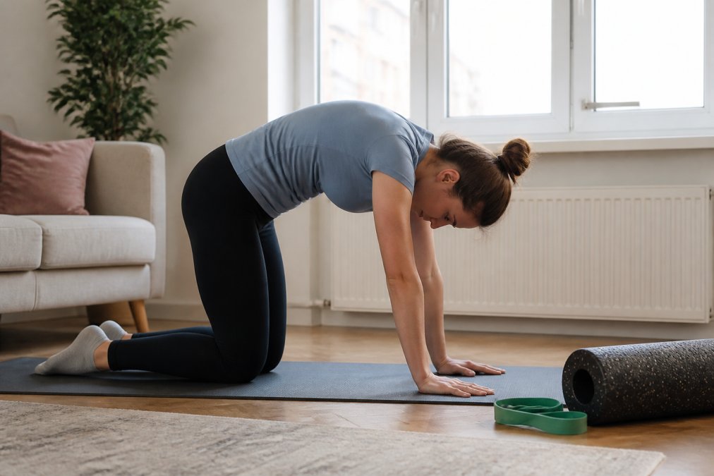 A person performing a gentle cat-cow stretch on a yoga mat in a bright, clean home environment, with a resistance band and foam roller nearby on the floor beside them