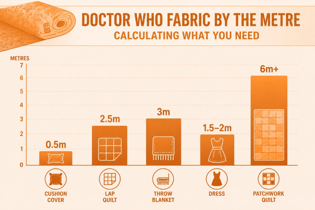 Bar chart comparing yardage requirements for common Doctor Who fabric projects: small cushion cover 0.5m, lap quilt 2.5m, throw blanket 3m, dress 1.5-2m, patchwork quilt 6m+