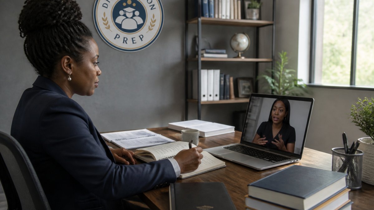 Professional doctoral student sitting at desk with laptop, reviewing handwritten notes during focused one-on-one coaching session via video call, natural office lighting, appearing engaged and taking notes