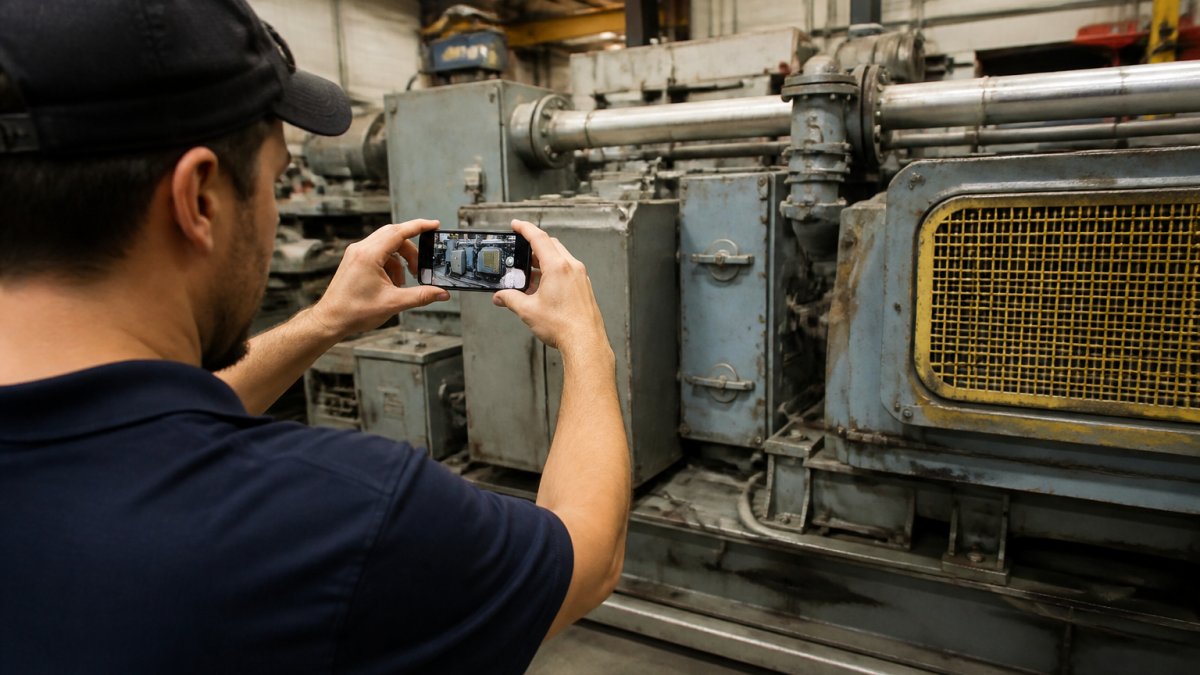 Business owner using a smartphone to document business assets by photographing industrial equipment serial numbers.