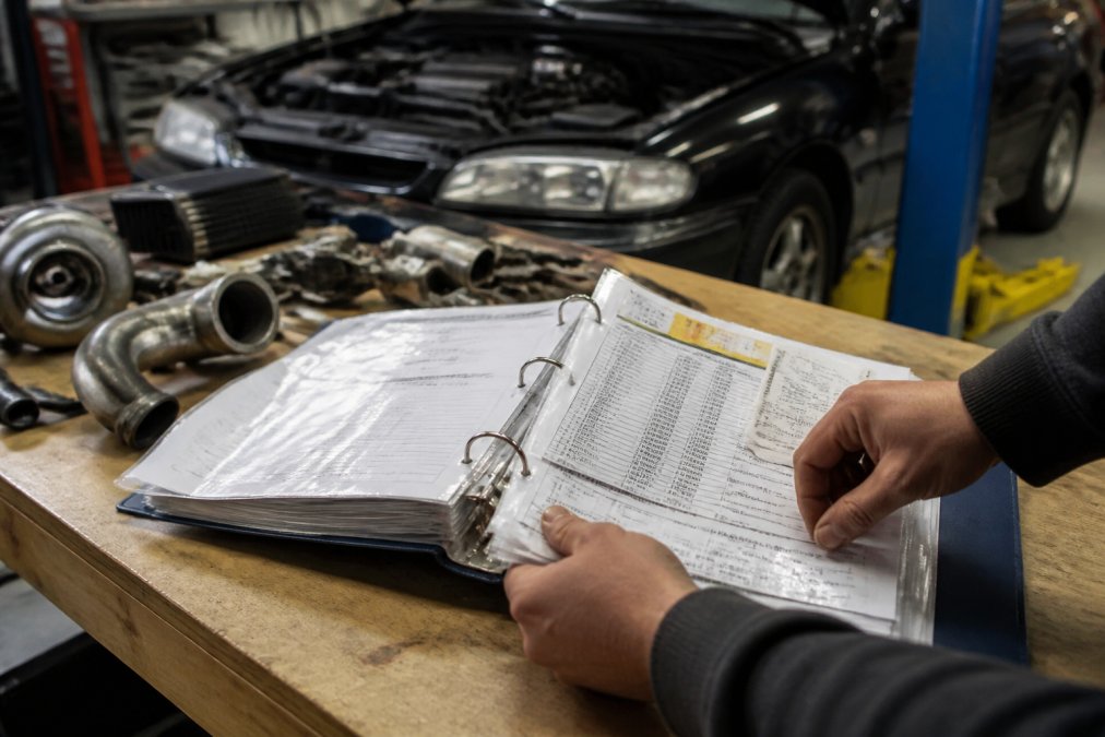 Close-up of hands organizing a binder with printed spec sheets and receipts on a workbench in a home garage, with tools and car parts blurred in the background