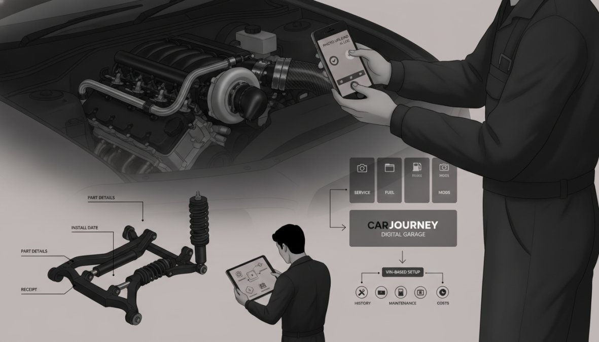 Close-up of a mechanic photographing an engine modification with a smartphone, showing organized documentation in action with receipts and service records visible on a workbench