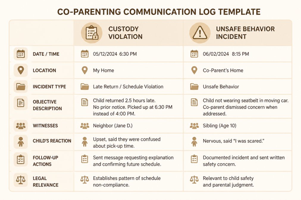 Matrix showing co-parenting log template fields: Date/Time, Location, Incident Type, Objective Description, Witnesses, Child's Reaction, Follow-Up Actions, Legal Relevance with example entries for custody violations and unsafe behavior incidents