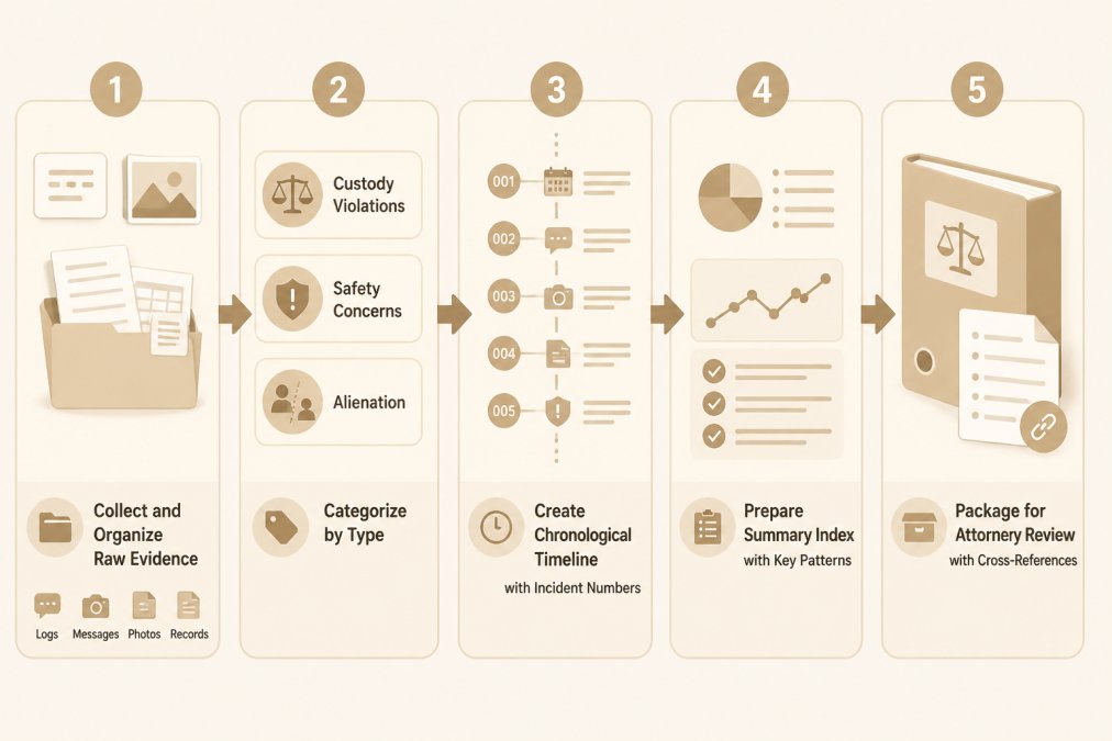 Five-step evidence organization flowchart: Step 1 - Collect and Organize Raw Evidence (logs, messages, photos, records) → Step 2 - Categorize by Type (custody violations, safety concerns, alienation) → Step 3 - Create Chronological Timeline with Incident Numbers → Step 4 - Prepare Summary Index with Key Patterns → Step 5 - Package for Attorney Review with Cross-References