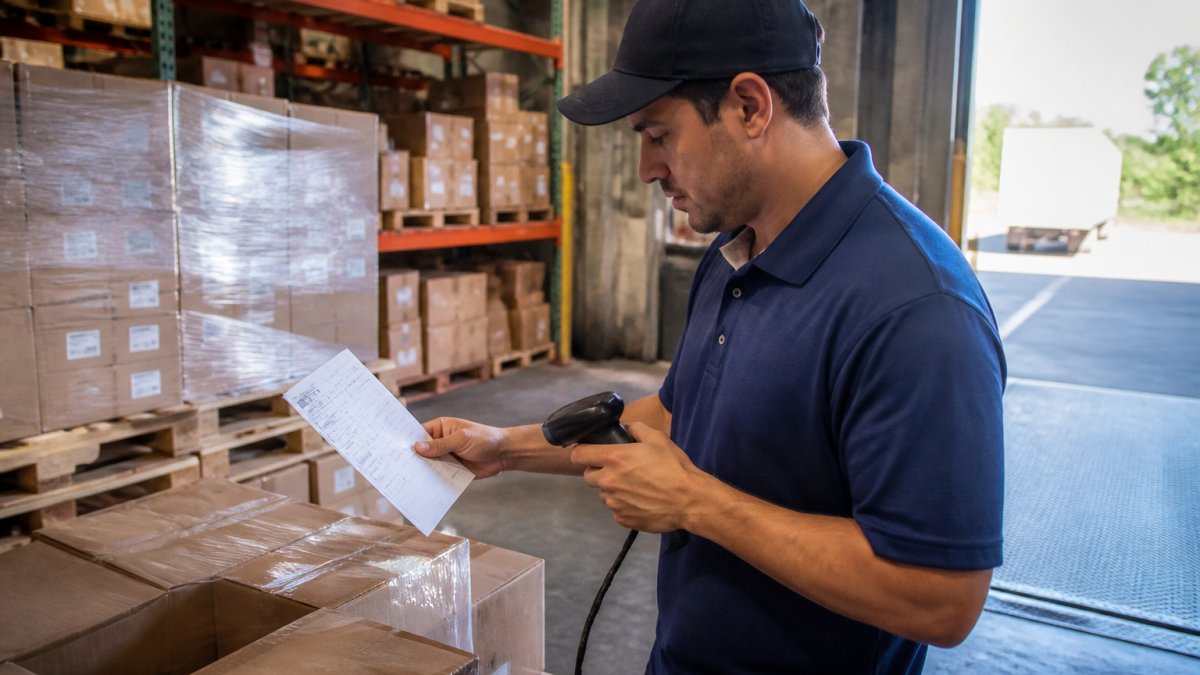 Warehouse worker scanning a purchase order with a handheld barcode scanner at a shipping dock, with stacked pallets and organized shelving in the background