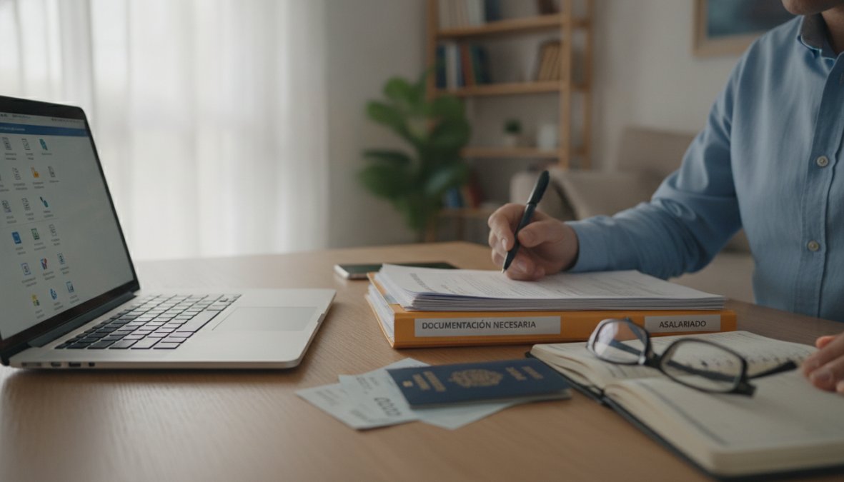 Persona organizando la documentación necesaria para pedir hipoteca sobre un escritorio con documentos, carpetas y portátil