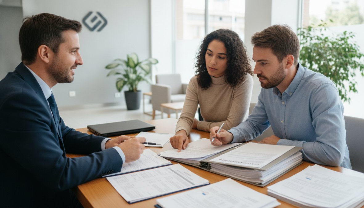 Asesor bancario y pareja joven revisando documentos juntos en una mesa dentro de una sucursal bancaria moderna, con papeles y un portátil visibles sobre la mesa, iluminación de oficina