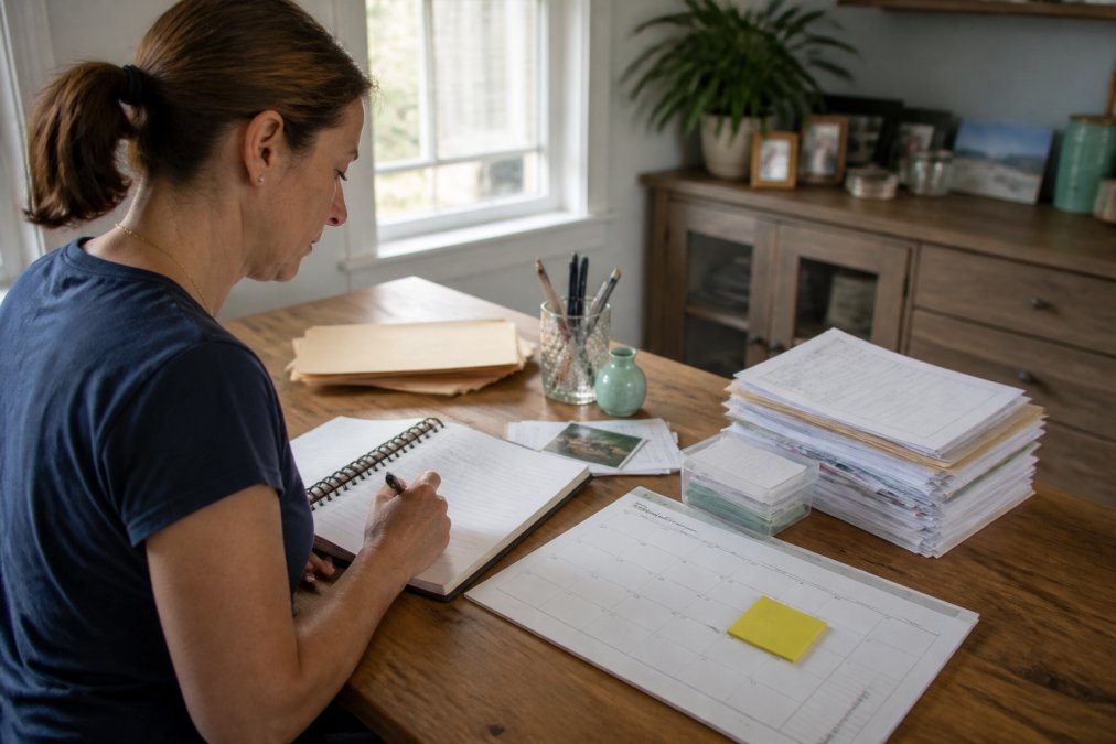 Parent sitting at a desk with medical records, calendar, and notebook, carefully documenting health observations and vaccine dates in a home office with natural window lighting