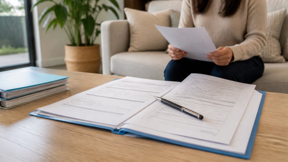 Une table en bois clair avec un dossier de location ouvert, des documents empilés proprement, un stylo posé dessus, et une personne en arrière-plan qui feuillette les papiers dans un salon lumineux