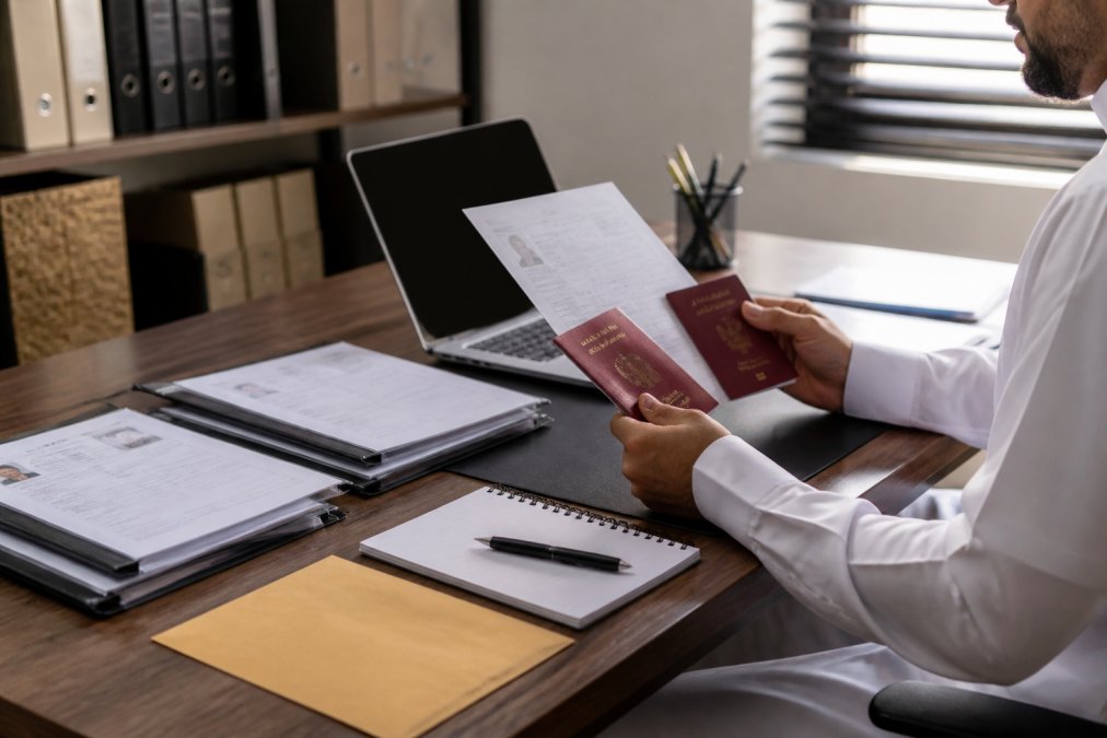 Professionnel vérifiant un passeport et les documents requis pour inscription hajj 2027 devant l'interface Nusuk sur un PC