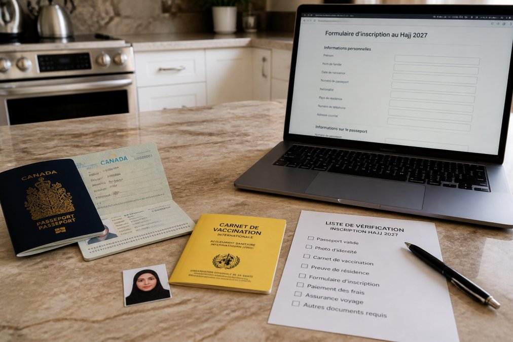Infographie présentant les documents requis pour inscription Hajj : passeport, photos, vaccins et formulaire.