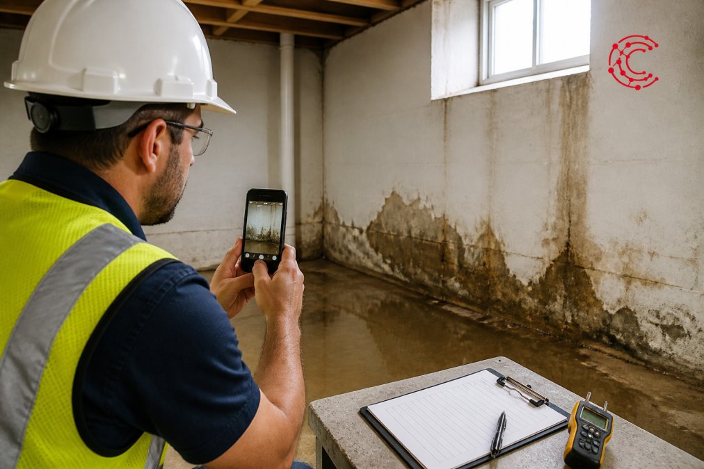 A restoration contractor in a hard hat and safety vest using a smartphone to photograph water damage in a residential basement, with a clipboard and moisture meter nearby