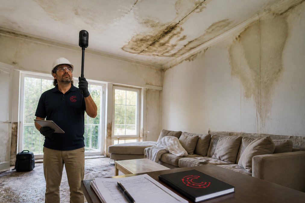 A restoration field technician holding a 360-degree camera on a monopod inside a water-damaged living room, capturing ceiling and wall damage while wearing safety gear and a clipboard nearby