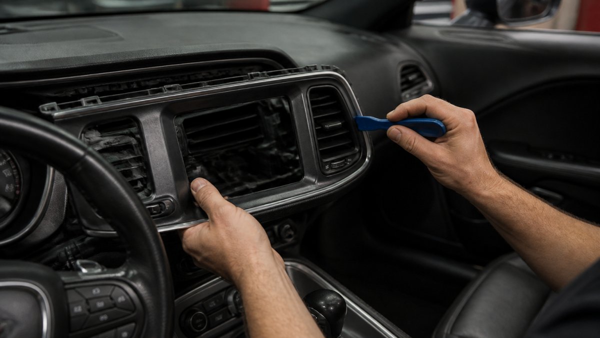 Hands using plastic pry tools to carefully remove a dashboard trim panel inside a vehicle cabin