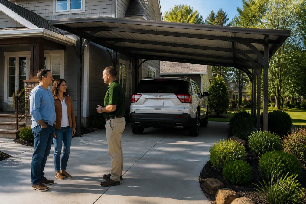 A clean, modern metal carport attached to a well-maintained suburban house, protecting a family SUV under bright sunlight with neat landscaping and a freshly paved driveway