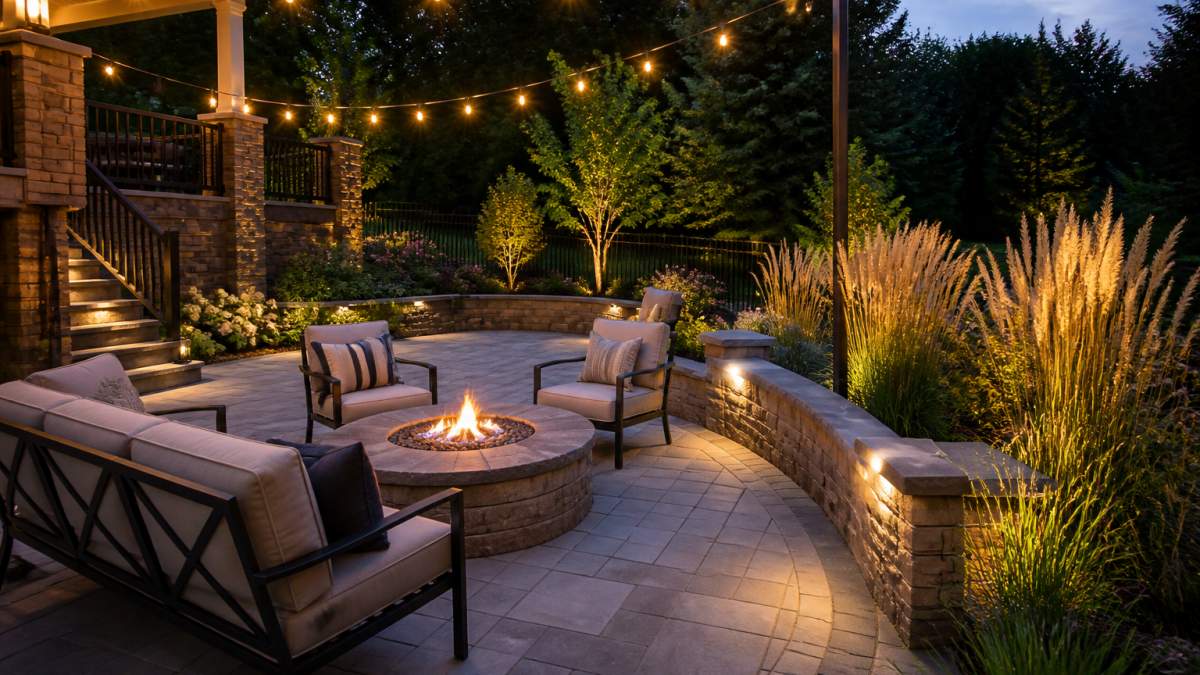 A high-end custom paver patio in a residential backyard at dusk, featuring a built-in stone fire pit with a low flame, cushioned seating, warm string lighting overhead, and a landscaped garden border of ornamental grasses